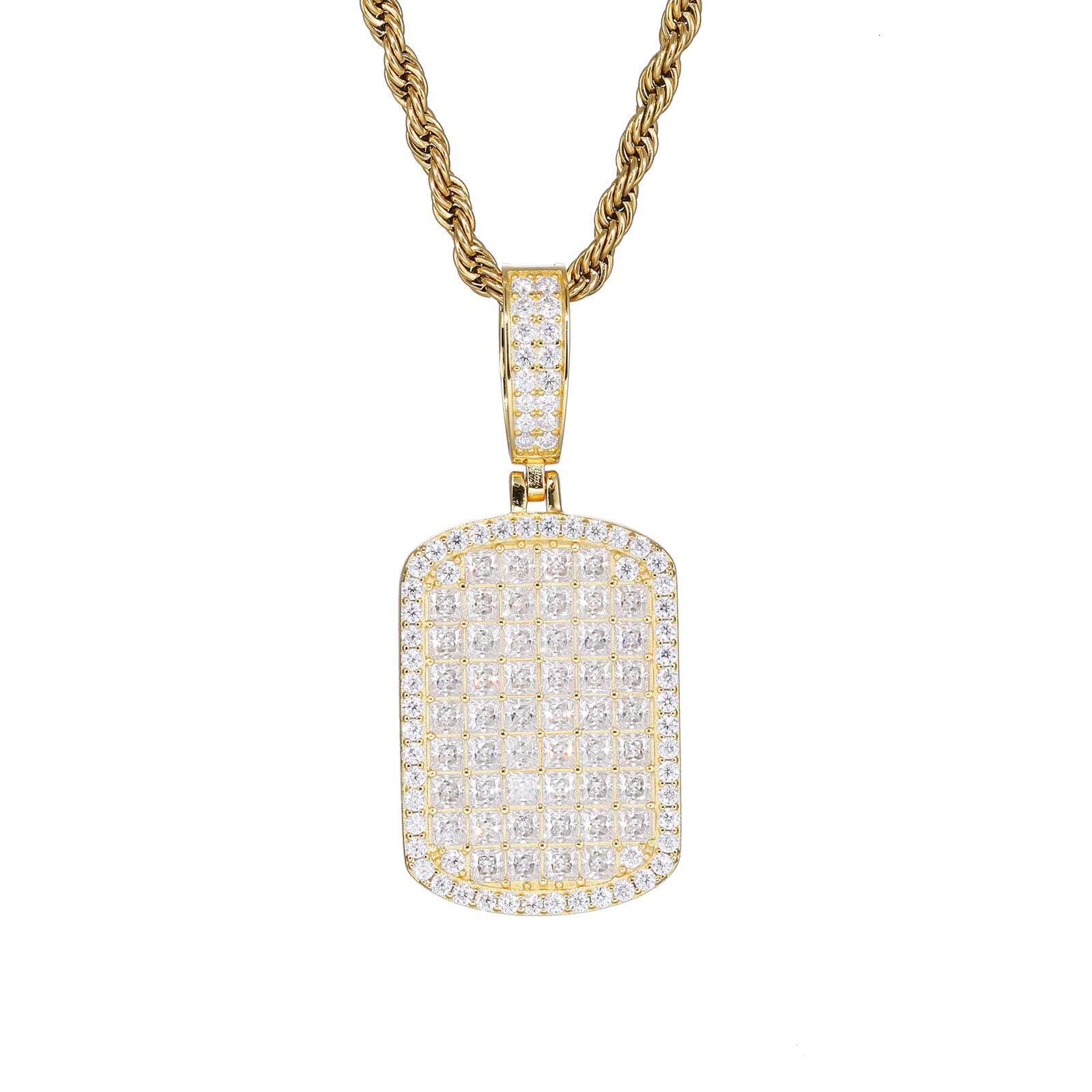 European American S925 Silver Moissanite Necklace Cross-Border Hip-Hop Military Brand Rectangular Square Diamond Pendant Trendy