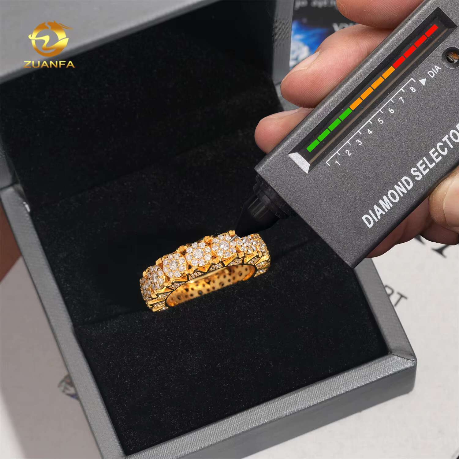 Hot Sale Cluster Design Moissanite Hip Hop Ring Sterling Silver 925 Gold Plated Moissanite Mens Ring Pass Diamond Test