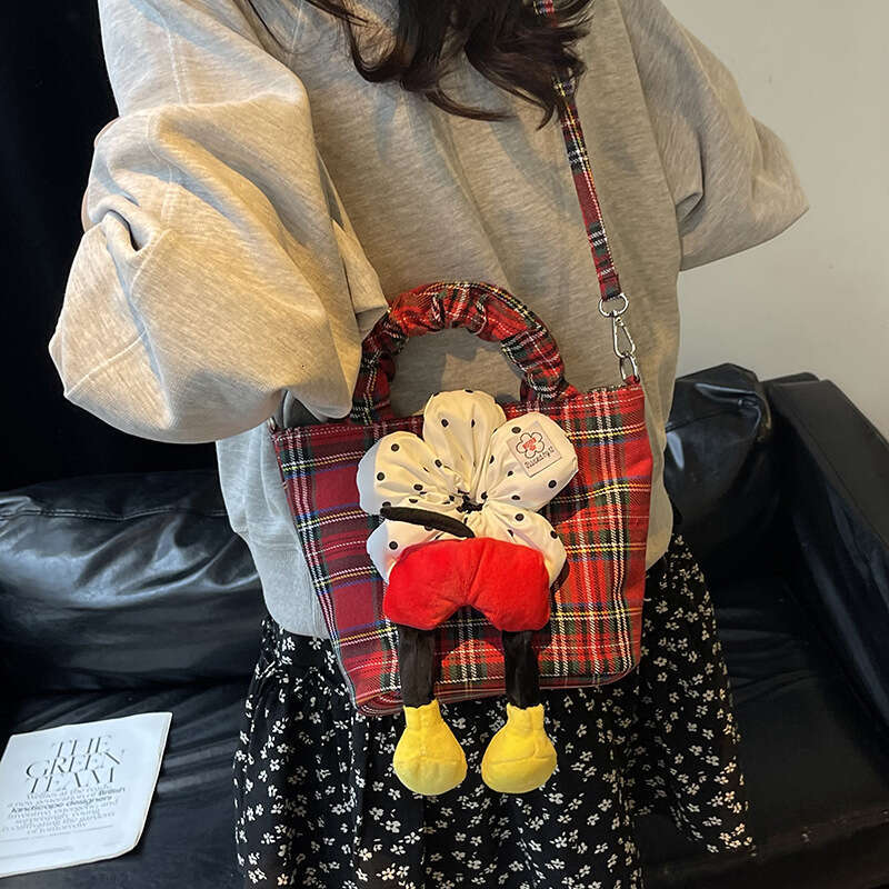 Korean Style High-End Simple Canvas Tote for Women 2025 Summer New Red Plaid Crossbody Bucket Bag