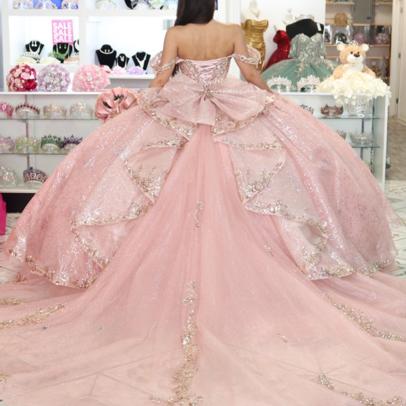 Pink Shiny Quinceanera Dresses Ball Gown Off The Shoulder Sequin Applique Lace Beading Crystal Bow Tull Corset Sweet 16 Dress Vestidos 15 Anos