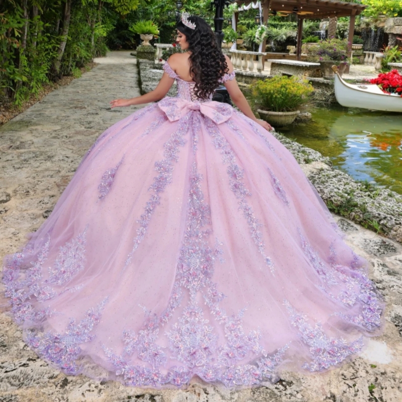 Pink Glitter Quinceanera Dresses Ball Gown Lace Applique Beading Bow Tull Corset Sweet 16 Dress Vestido De 15 Anos