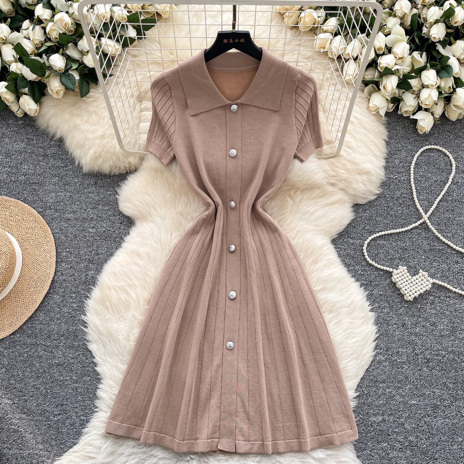 Chic Elastic Knit Polo-Neck Ruched button Elegant Korean Fashion Vestidos Summer Slim Dress 250618