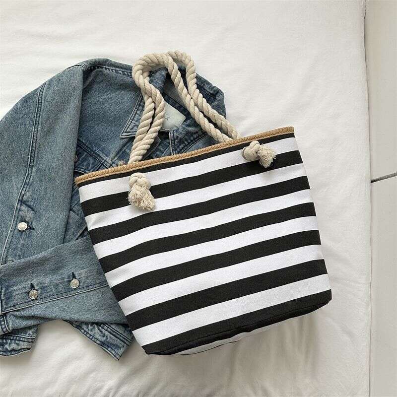 2025 Summer Canvas Tote Striped Mori Girl Style Shopping Eco-friendly Beach Bag