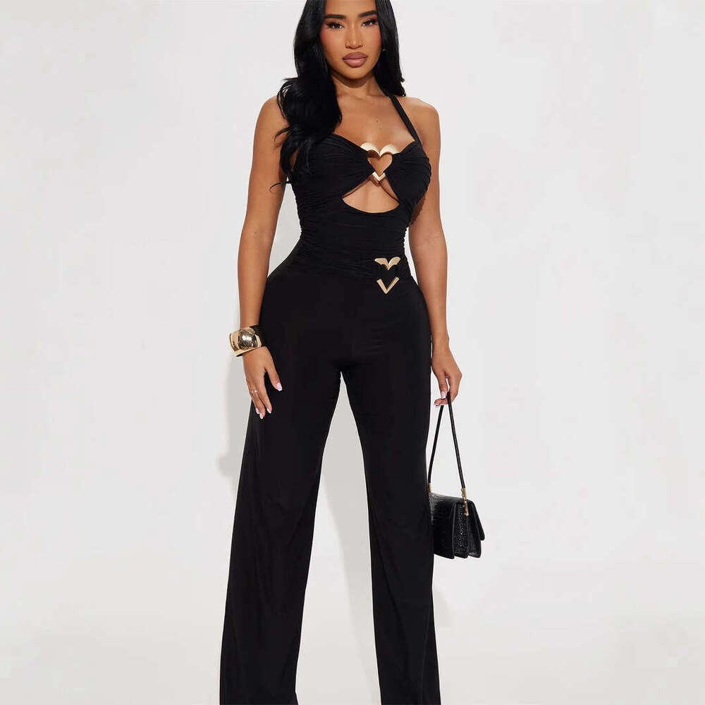 New Fashionable Elegant Slim Sexy Solid Color Hollow Metal Strap Backless Jumpsuit B5