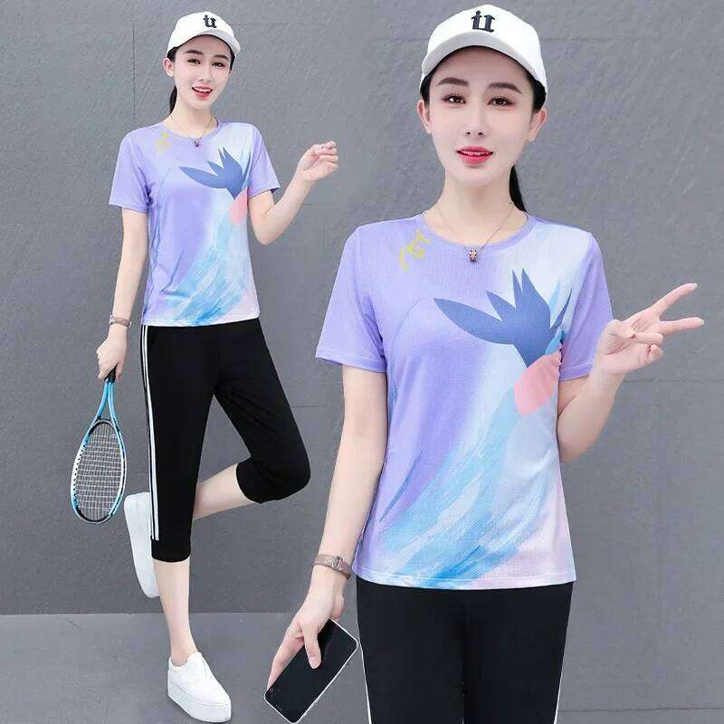 Quick Dry Ice Silk Running Shorts Women's Summer Sportswear Set Casual Short Sleeve Two Piece Suit Korean Style