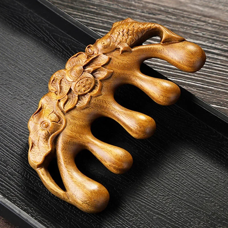 Golden Sandalwood Massage Wooden Comb Head Meridian Comb Health Care Massager Tool Lotus Leaf Fish Massage Comb Head Therapy 250625