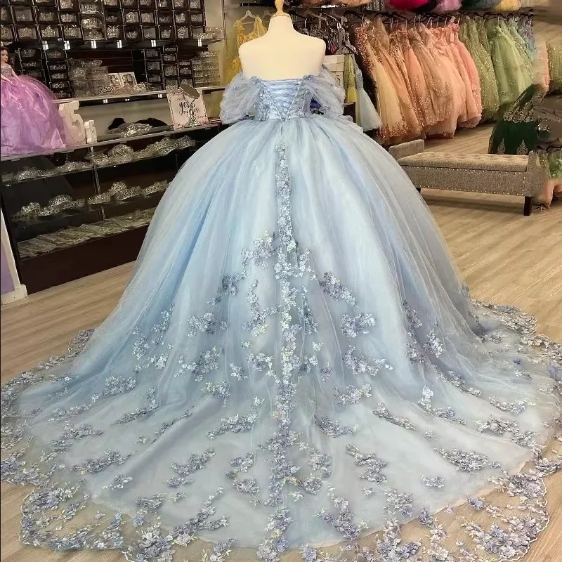 Light Blue Quinceanera Dresses Lace Applique Beads Tull Ball Gown Lace-Up Sweet 16 Dress Vestidos De 15 Anos