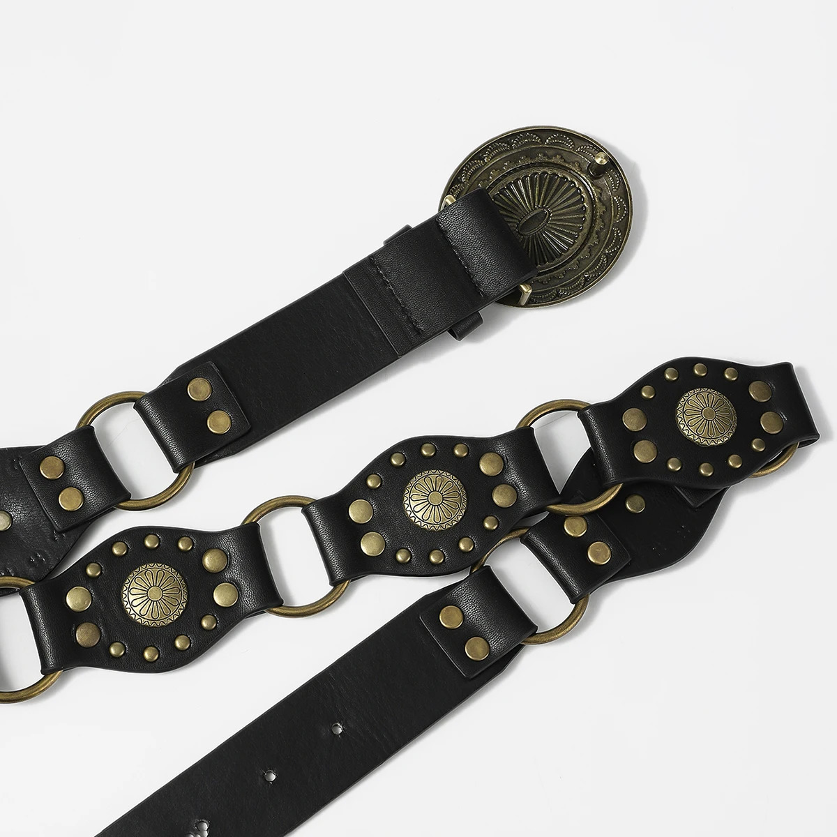 European and American retro street fashion hollow ring pu leather splicing characteristic waist belt 250618