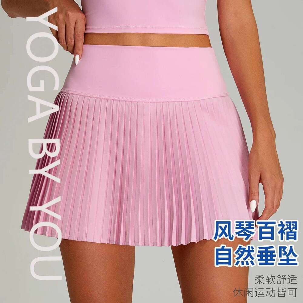2025 new high-waisted pleated sports women's outdoor fiess fake two-piece tennis culottes anti-light yoga skirt