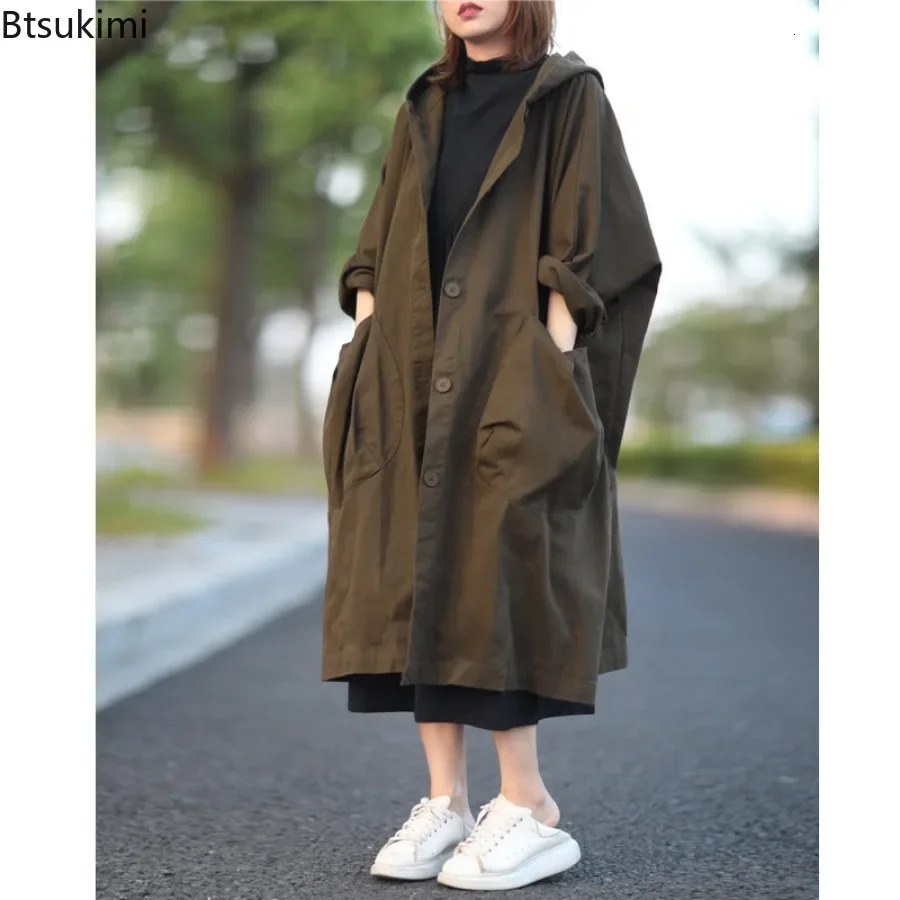Fashion Korean Style Hooded Jacket for Women Loose Casual Big Pockets Trench Coats Ladies Retro Mid-length Jacket Oversized 250625