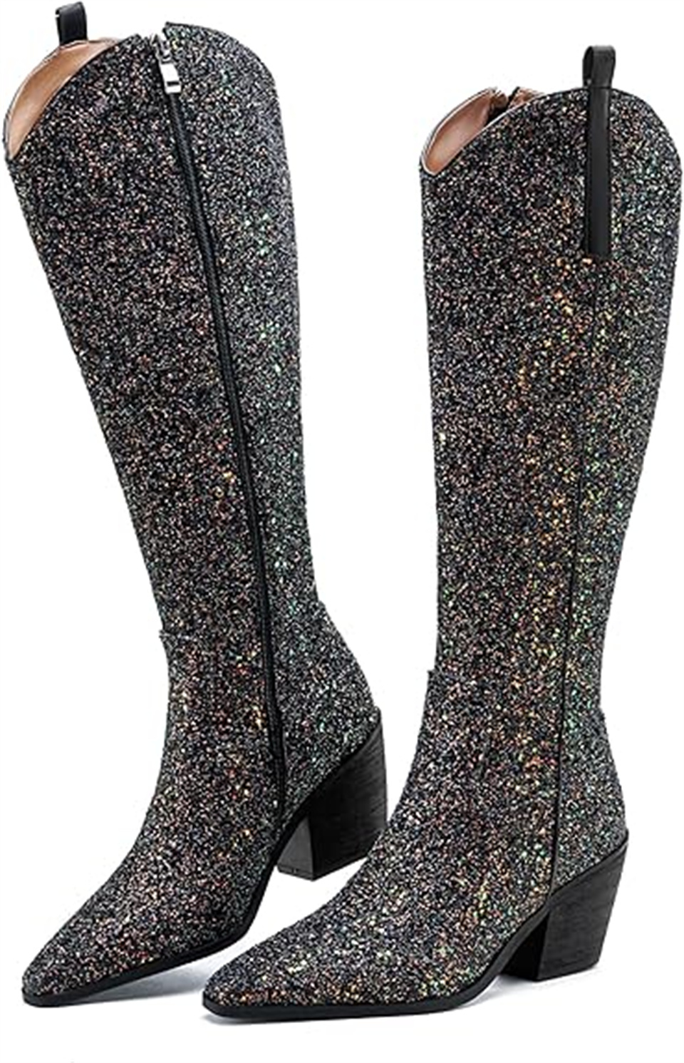 ARQA Cowgirl Boots for Women Side Zipper Tall Wide Calf Western Knee High Cowboy Boots Chunky Heels Glitter Sequin Party Dress Wedding Bridal Country 