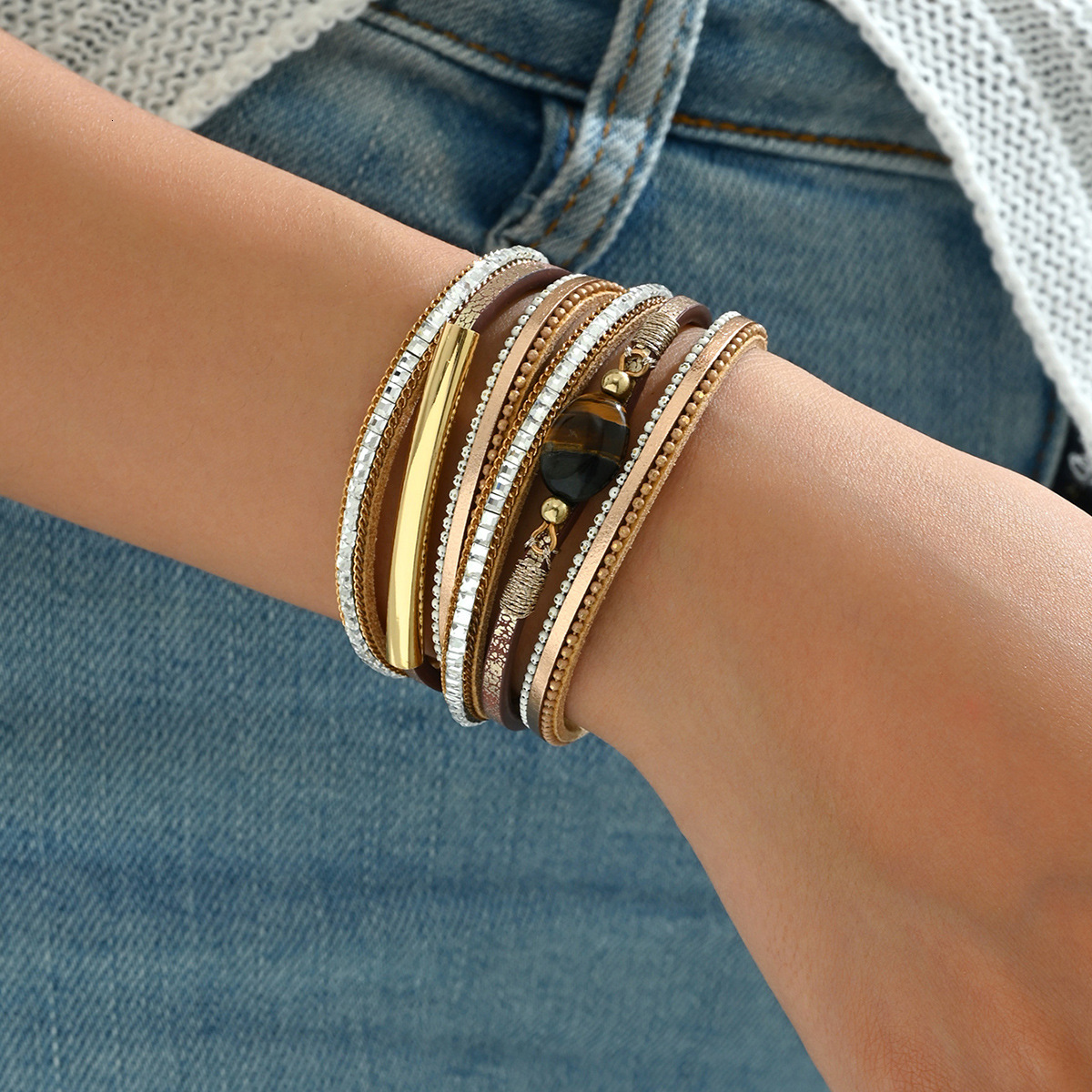 Unique Fashion Simple Style Women S Multi Layer Design Inlaid Bracelet Jewelry