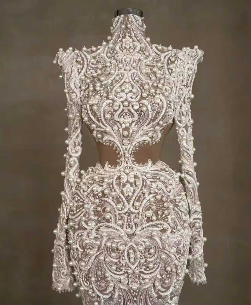 Luxurious Lace Mermaid Wedding Dresses High Neck Long Sleeve Pearls Beads Bridal Gowns Sequins Customized Bride Dress