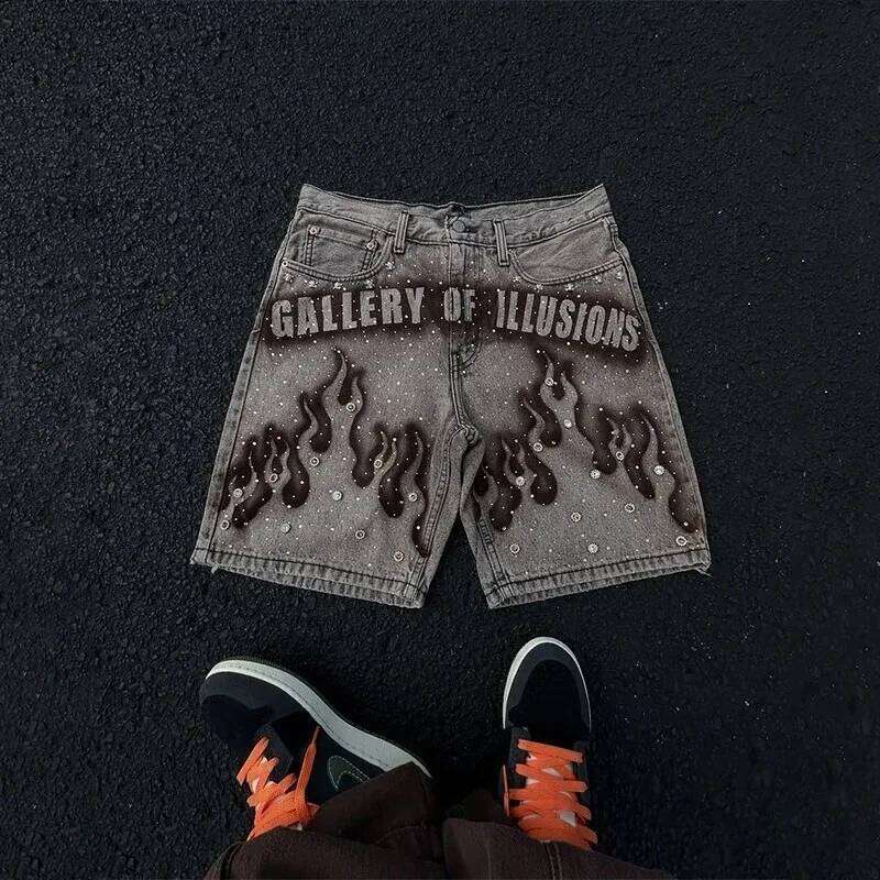 Y2K Vintage Flame Pattern Rhinestone Decoration High Waist Denim Shorts Haruku Hip Hop Men NEW fashion Streetwear