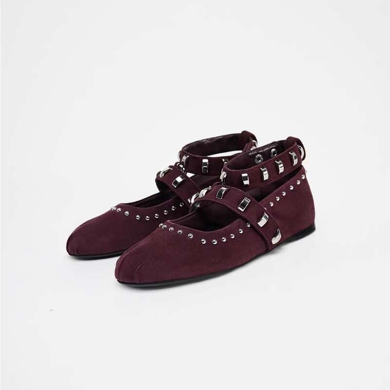 Studded Single for Women Spring and Autumn New Fashion Round Toe Versatile Ballet One Strap Casual Flat Shoes Black