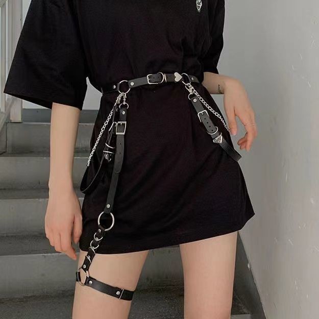 Stage Wear Dance Accessories Waist chain versatile belt punk shoulder strap Harajuku style skirt leather chain leg accessories