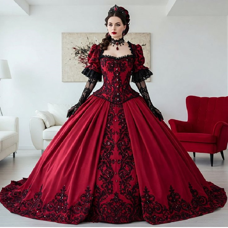 Victorian Black And Red Gothic Prom Dress 2025 Dark Academia Vampire Halloween Evening Dress Medieval 1870s Vestio De Novias Steampunk Formal Dress Re