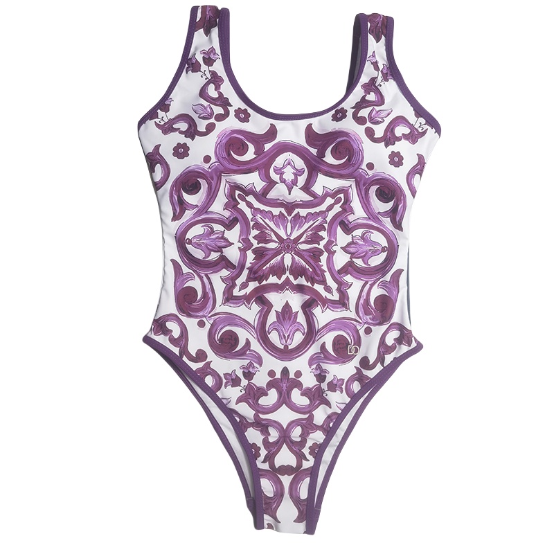 Summer Beach Sexy Backless Swimwear One Piece Vintage Pattern Purple Push Up Slim Swimsuits Sport Racing Bodysuits Bathing Suit
