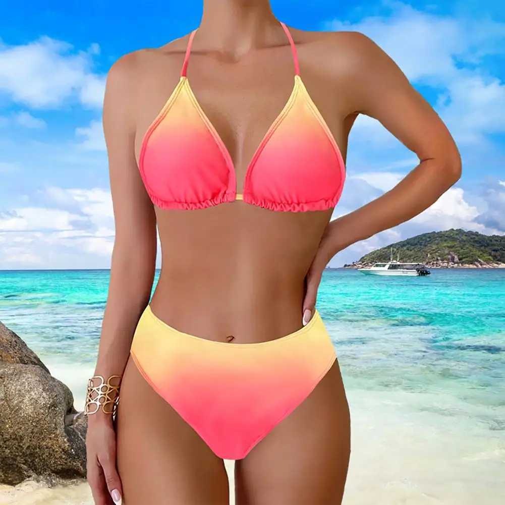 2Pcs Women Push-up Bikini Set Halter Padded Bra High Waist Swimming Briefs Set Adjustable Strap Swimsuit Gradient Split Swimwear XJ250624