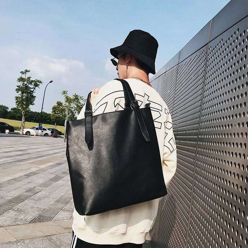Soft Leather Tote Bag For Men's Japanese Korea Style Business Casual Street Handbag Male Large Capacity Zipper Laptop Bags