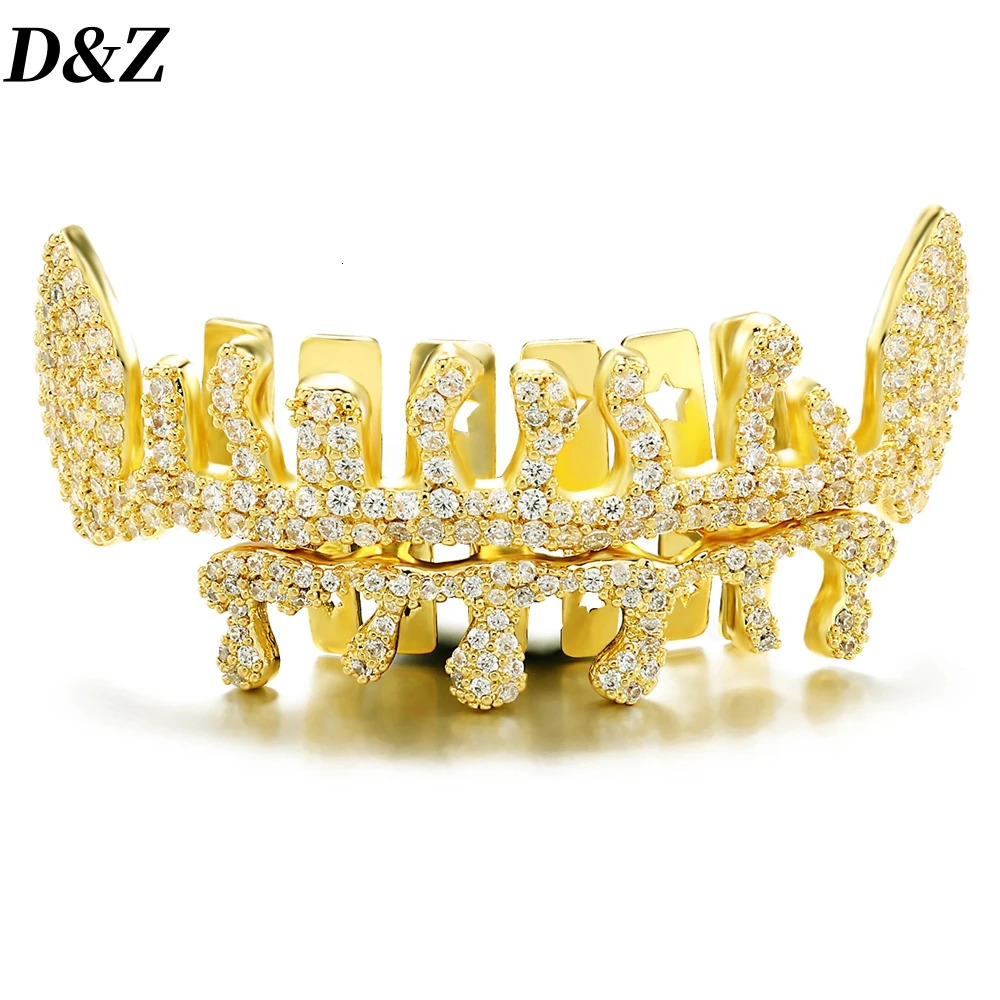 D Z Hip Pop Teeth Set Top Bottom Mouth Iced Out CZ Stones Tooth Caps Removable Dental Halloween Fashion Jewelry 250606