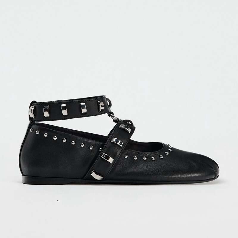 Studded Single for Women Spring and Autumn New Fashion Round Toe Versatile Ballet One Strap Casual Flat Shoes Black