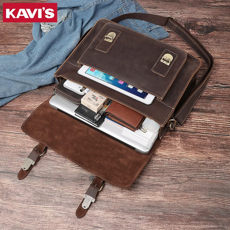 KAVIS Men Leather Coffee Briefcase Business Handbag Messenger Bags Male Vintage Shoulder Bag Mens Laptop Travel Bags 250624