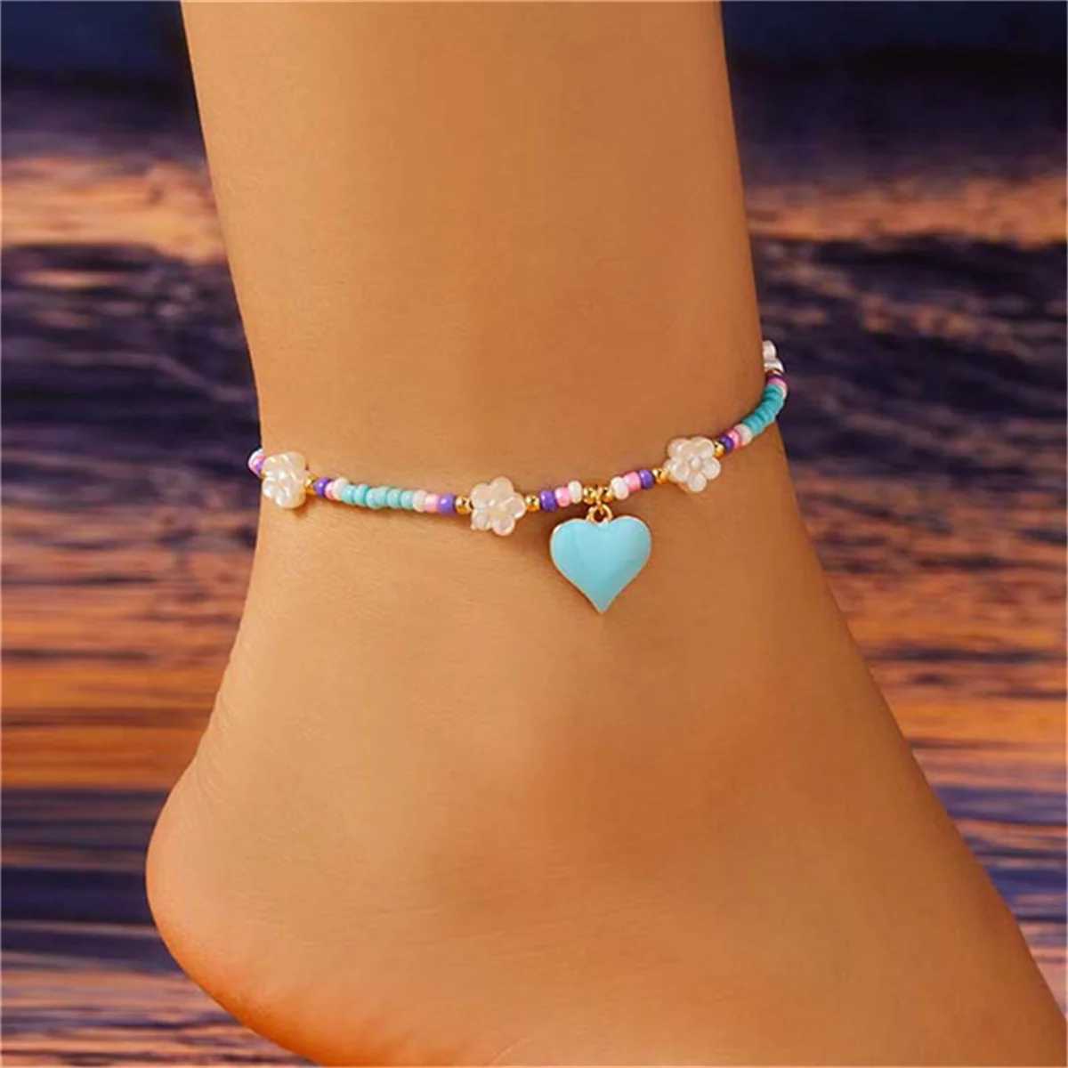 Boho Colorful Enamel Heart Flower Anklets For Women Charm Small Resin Beads Ankle Bracelet Summer Beach Barefoot Chain Jewelry U250624