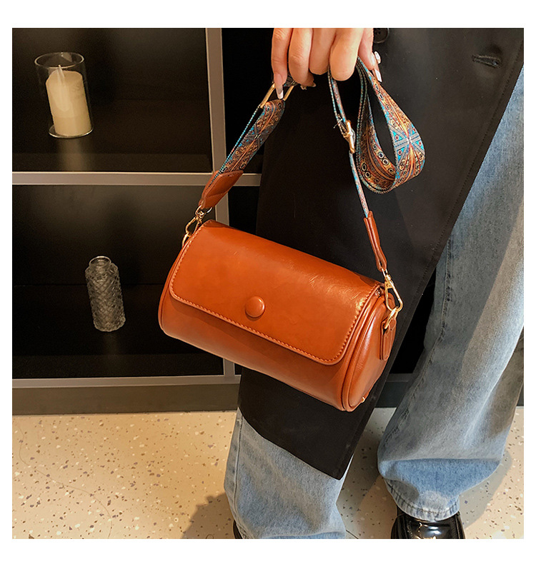 2025 Spring Fashionable All-match Wide-strap Shoulder and Crossbody Bag Cylindrical Bag Retro Small Bag Niche and Stylish Women's Bag