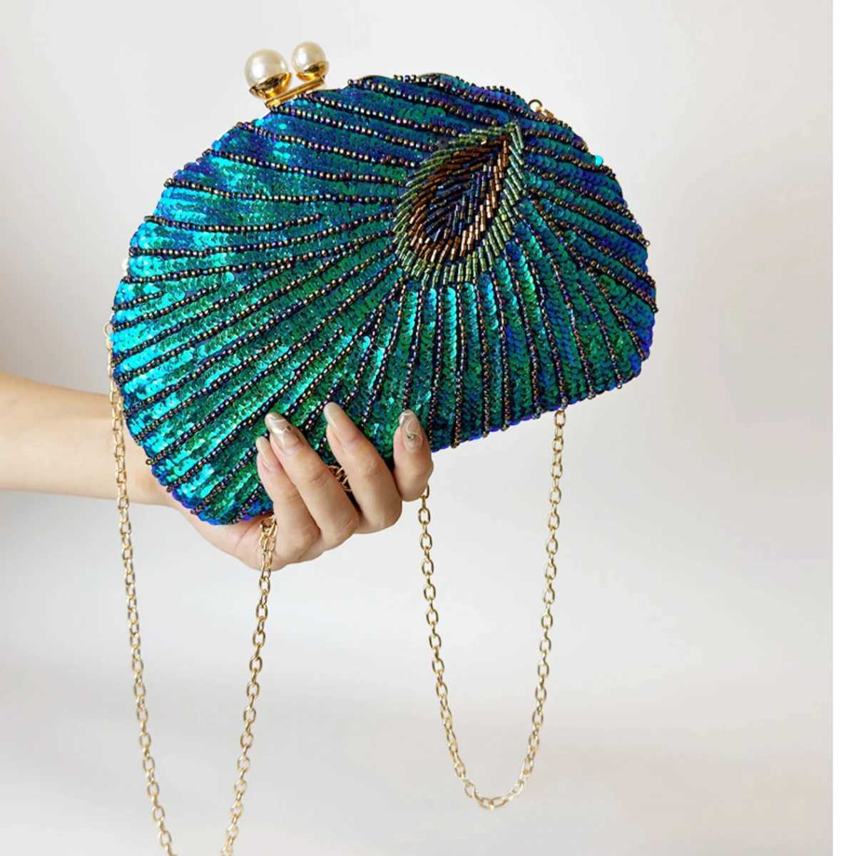Glitter Vintage Sequins Decor Clutch Wallet Classic Peacock Feather Pattern Evening Bag Womens Shiny Satchel Bag For Party M250625