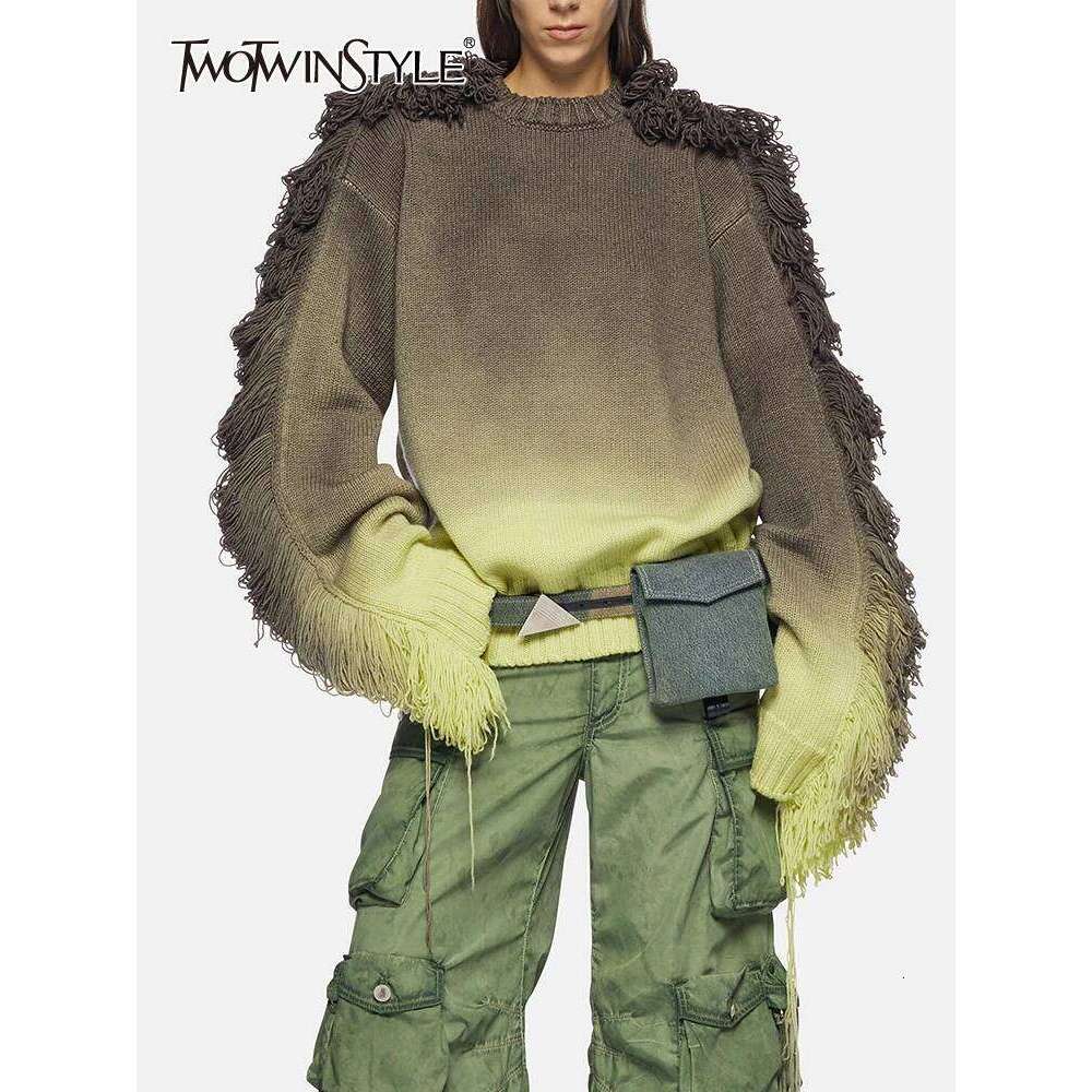 TWOTWINSTYLE Ombre Casual Sweaters For Women O Neck Long Sleeve Patchwork Tassel Temperament Loose Sweater Female Fashion Style