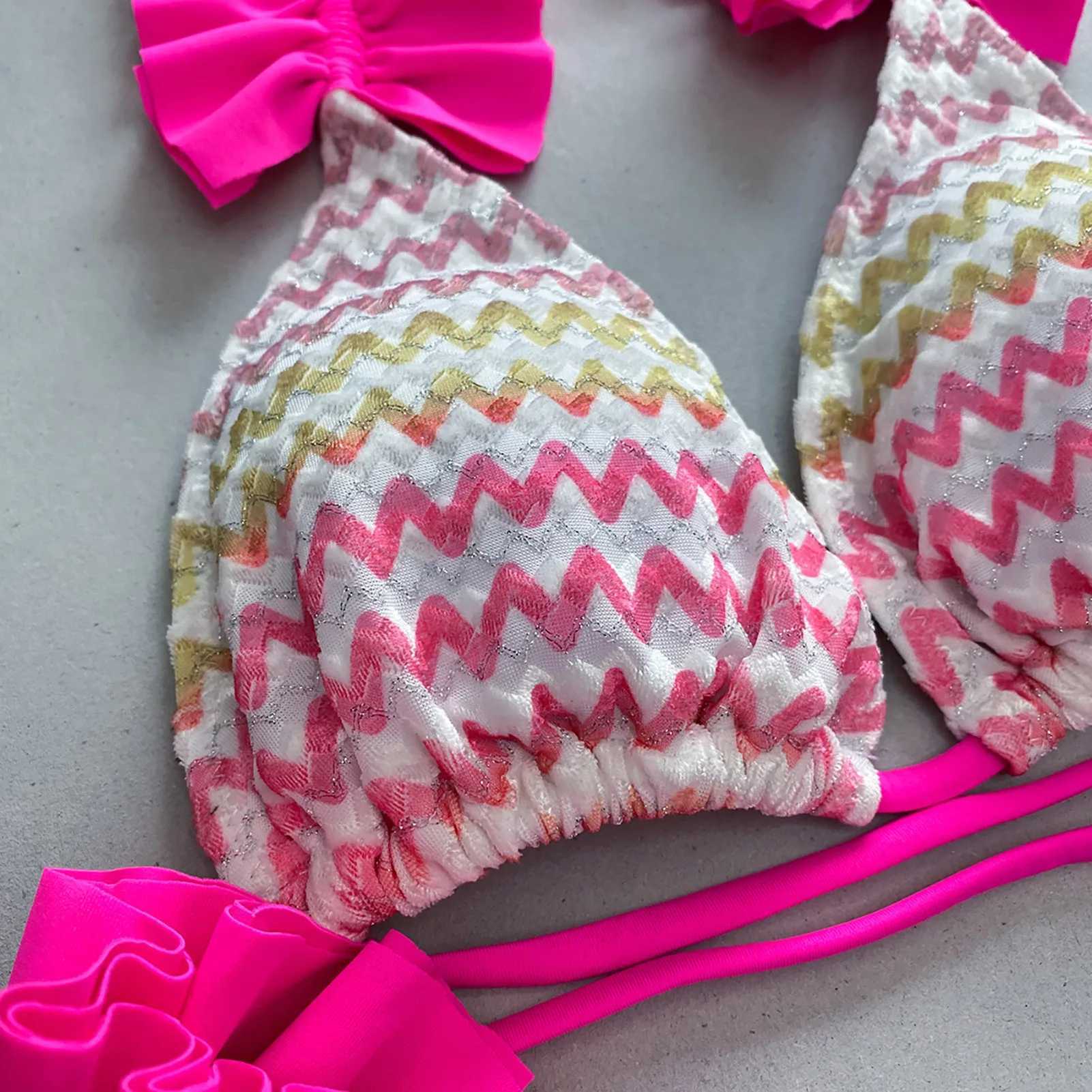 Women Swimsuit Ruffle Trim Halter Bikini Set with Lace-up Briefs Hip Wrapped Skirt Womens Summer Swimming Suit Beachwear Halter XJ250624