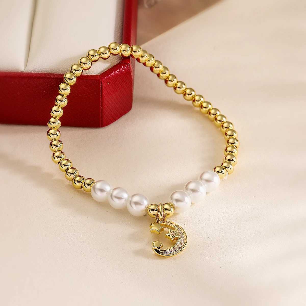 Non-Fading Gold Color Beads Chain Bracelets Moon Cute Charm Pearl Jewelry Fem X250625