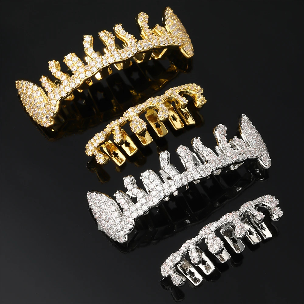 D Z Hip Pop Teeth Set Top Bottom Mouth Iced Out CZ Stones Tooth Caps Removable Dental Halloween Fashion Jewelry 250606