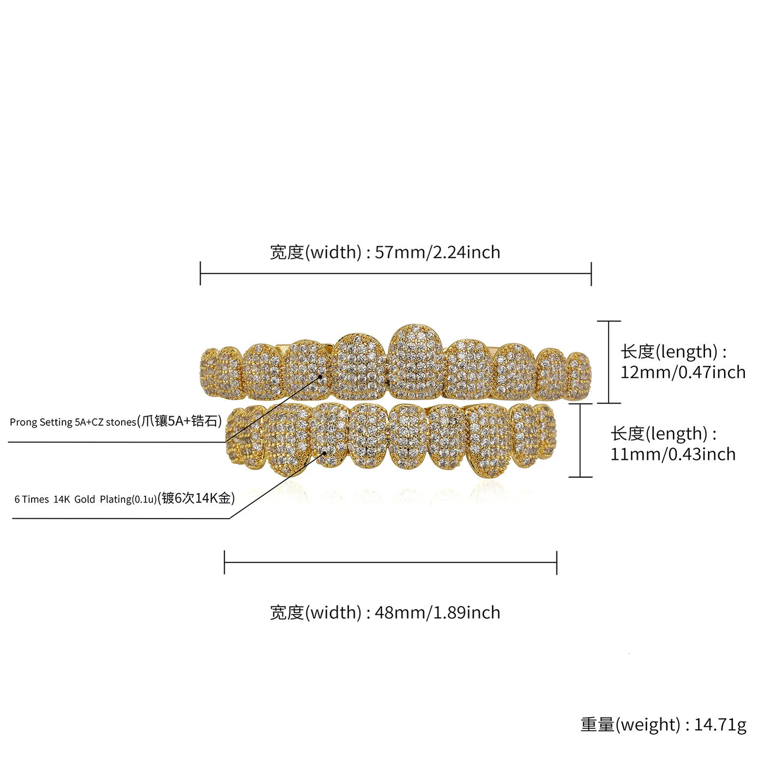 Hip Hop 10/10 Iced Out CZ Stone Teeth Punk Rapper 14K Gold Plated Zircon Tooth Caps For Women Men Jewelry Gift 250606