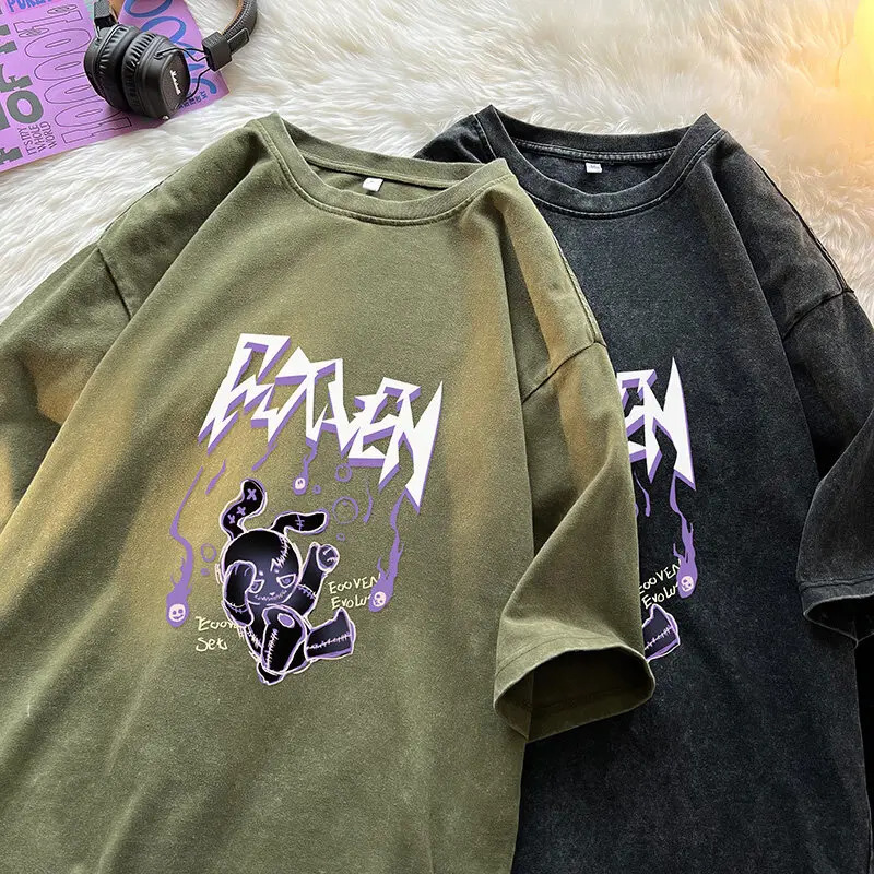 Stylish Hole Washed T-shirt Street Couples Short-sleeved Tops Men Women Round Neck Loose T-Shirt 250618