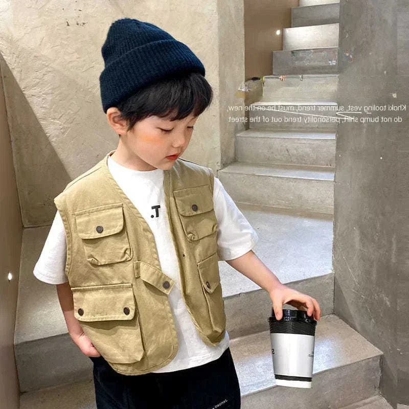 Spring Summer Boys Sleeveless Thin Jacket Coat Outdoor Cotton Vest Multi Pocket Tank Top Boys Outfit Children Clothes 250624