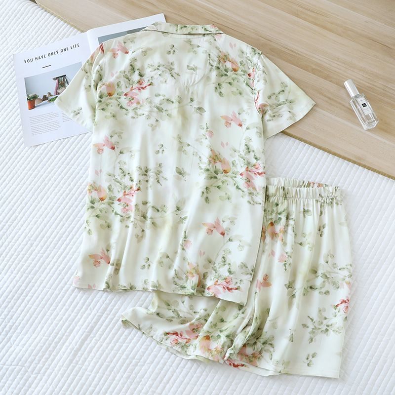 Hot selling soft and high-end touching cotton summer sleepwear, women's floral printed satin short sleeved shorts set, comfortable and casual hom