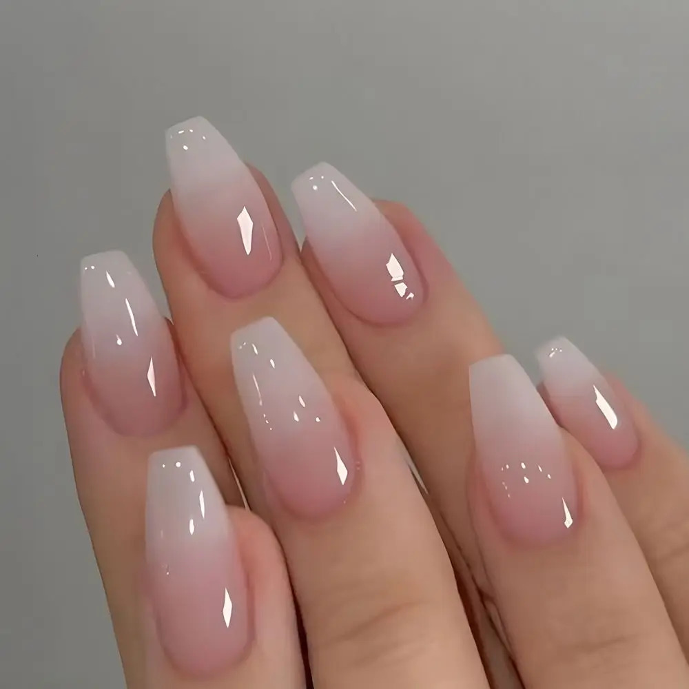 24pcs Gradient Fake Nails French Ballerina Nail Waterproof Faux Medium Coffin false nails Fingernails Press on Nails Tips 250625