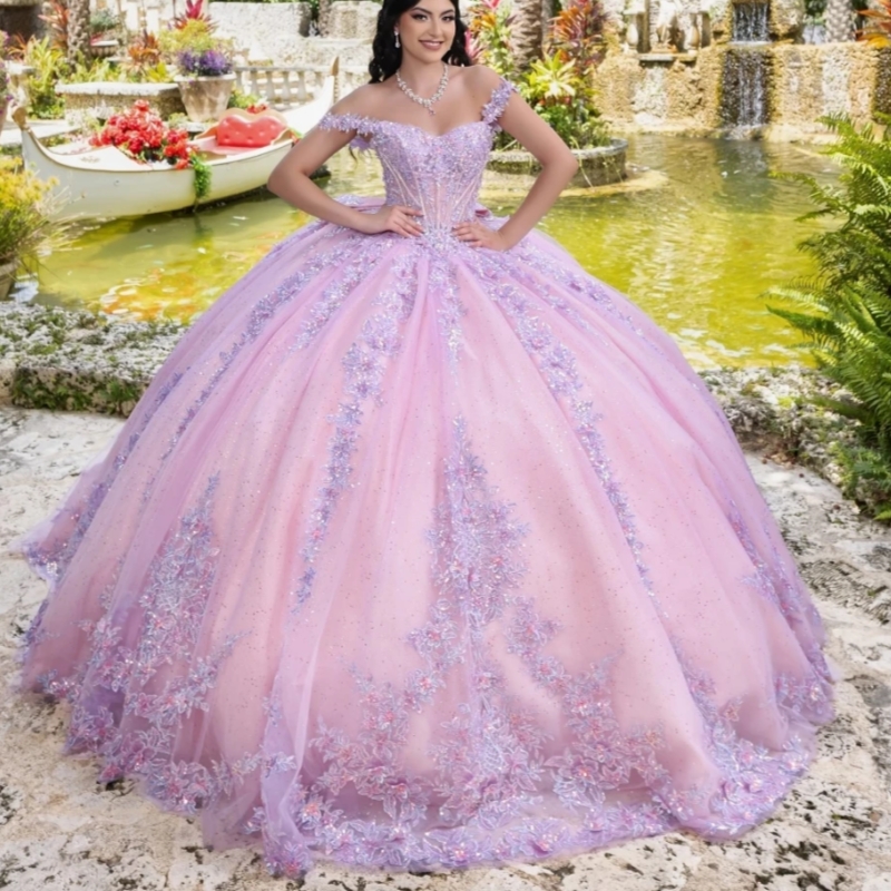 Pink Glitter Quinceanera Dresses Ball Gown Lace Applique Beading Bow Tull Corset Sweet 16 Dress Vestido De 15 Anos