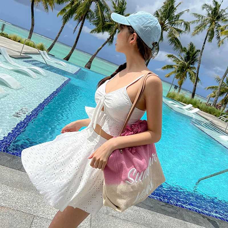 Conservative Bikini Swimsuit for Girls Thermal Spring Swimwear High Waist Skirt Style Belly Covering Slimming Womens Clothing XJ250624