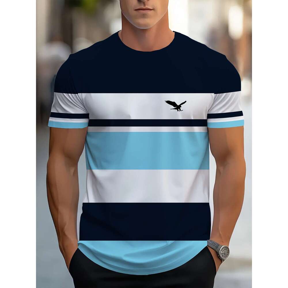 Hot Sale T-Shirt 3D Digital Print Striped Men's Casual Comfortable Loose Short Sleeve B5