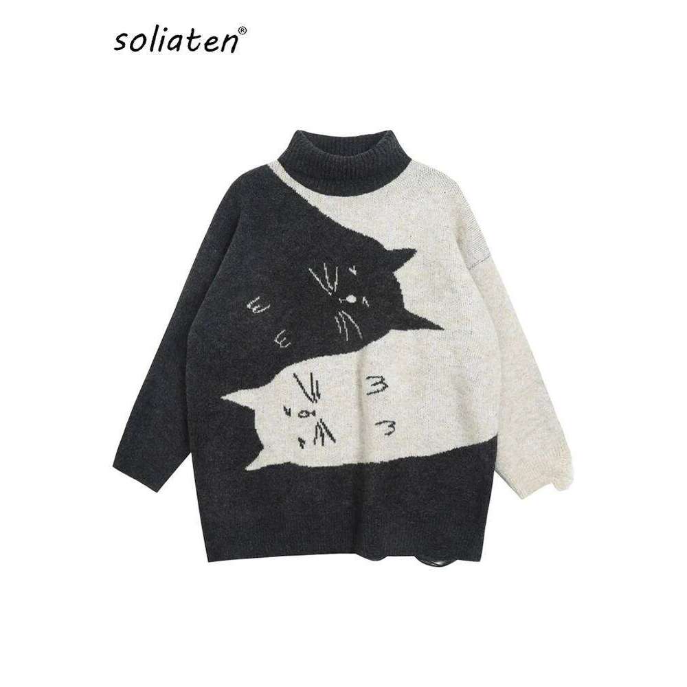 Women's Oversized Sweater Knitted Autumn Winter Turtleneck Cute Cat Print Knit Pullover Warm Sweaters for Women C-062