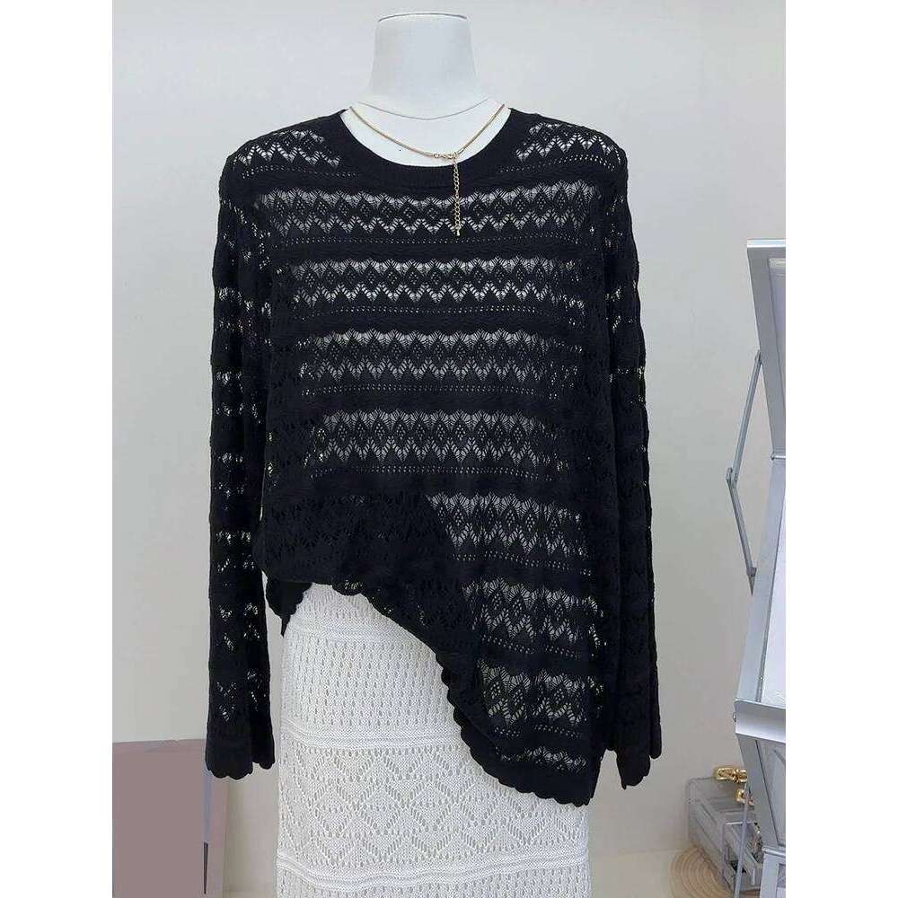 Beige Hollow Out Big Size Knitting Sweater Round Neck Long Sleeve Women Pullovers New Fashion 2025