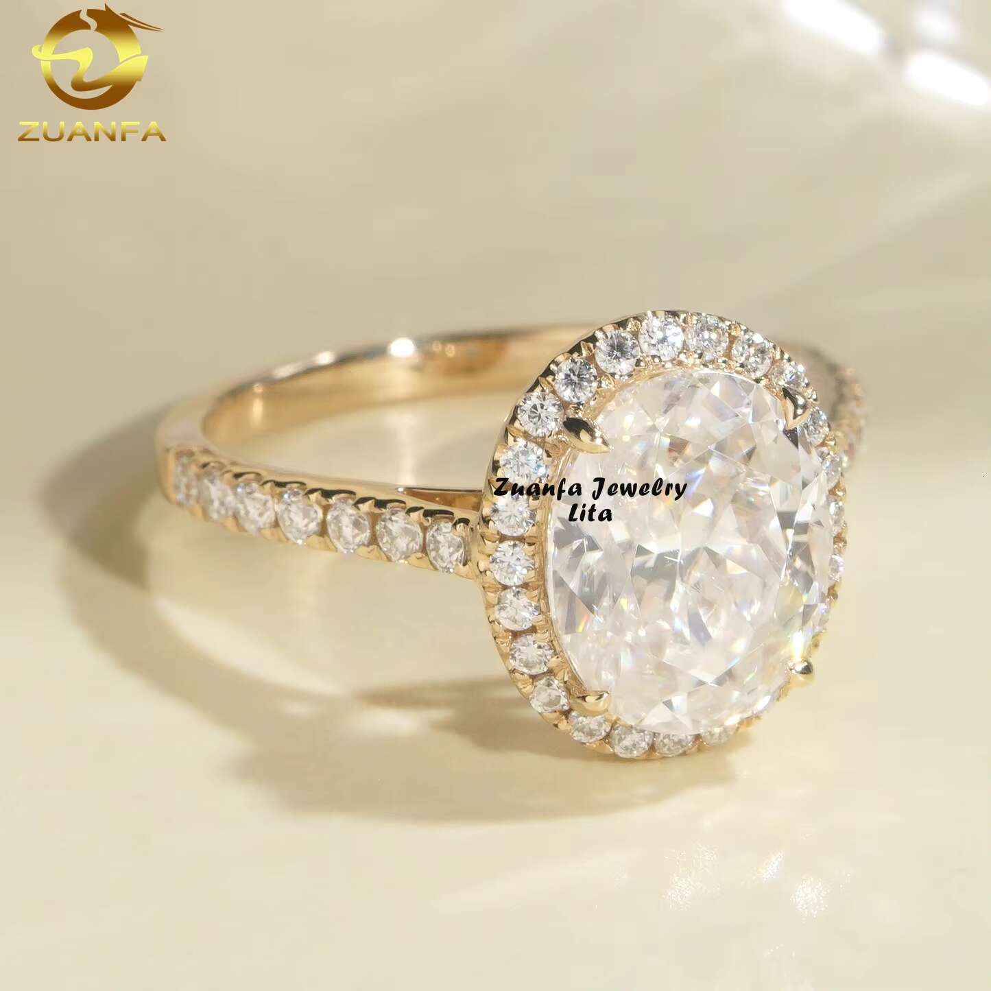 Pass Diamond Tester High End Luxury Halo 14k Yellow Gold 3ct Oval Moissanite Engagement Ring