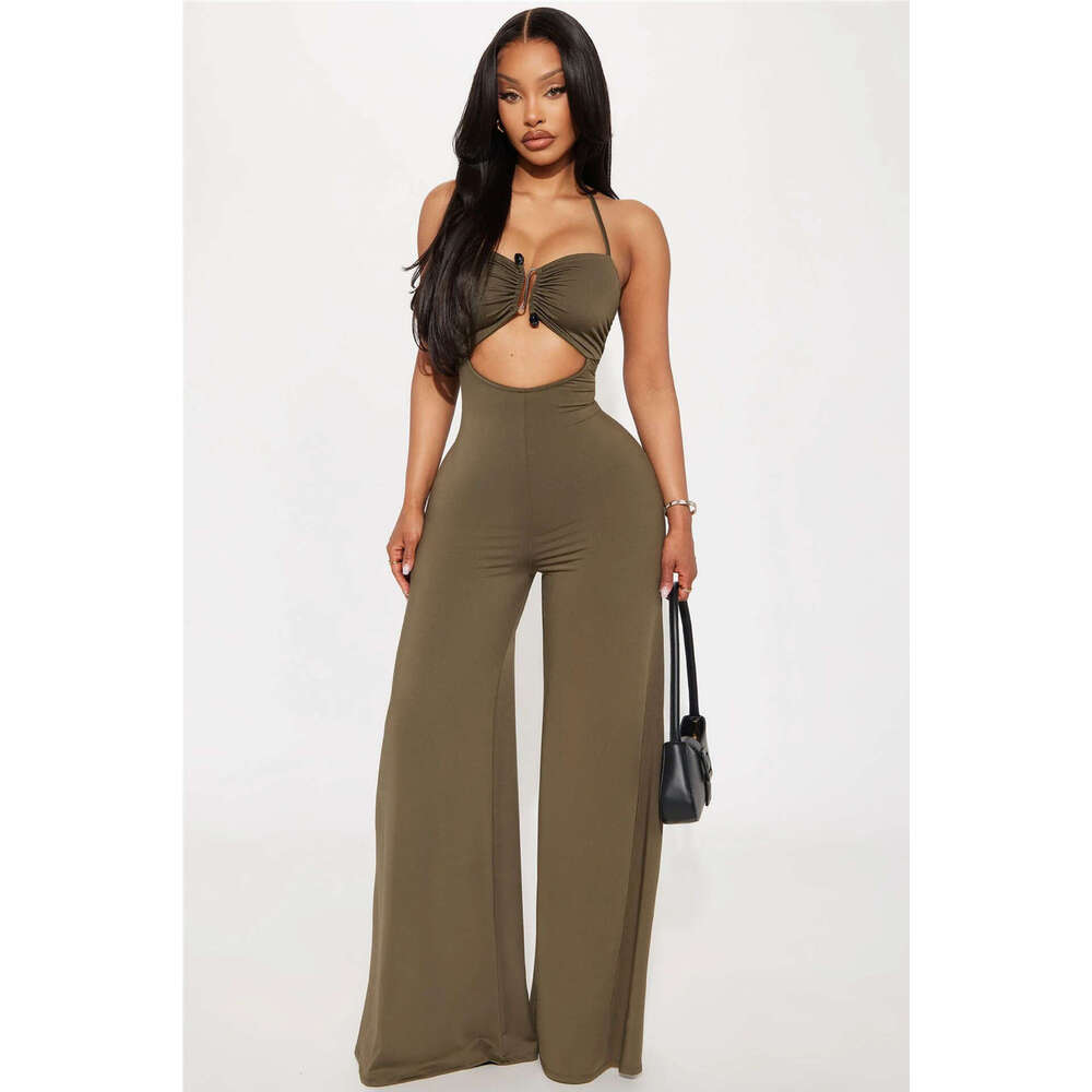 New Fashionable Elegant Solid Color Halter Neck Metal Design Backless Hollow Out Straight Leg Jumpsuit B5