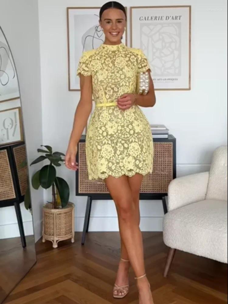 Casual Dresses Elegant Yellow Lace Slim Fit Cute Mini Vestido Women Chic Half Sleeve Round Neck High Waist Summer Lady Party Dress
