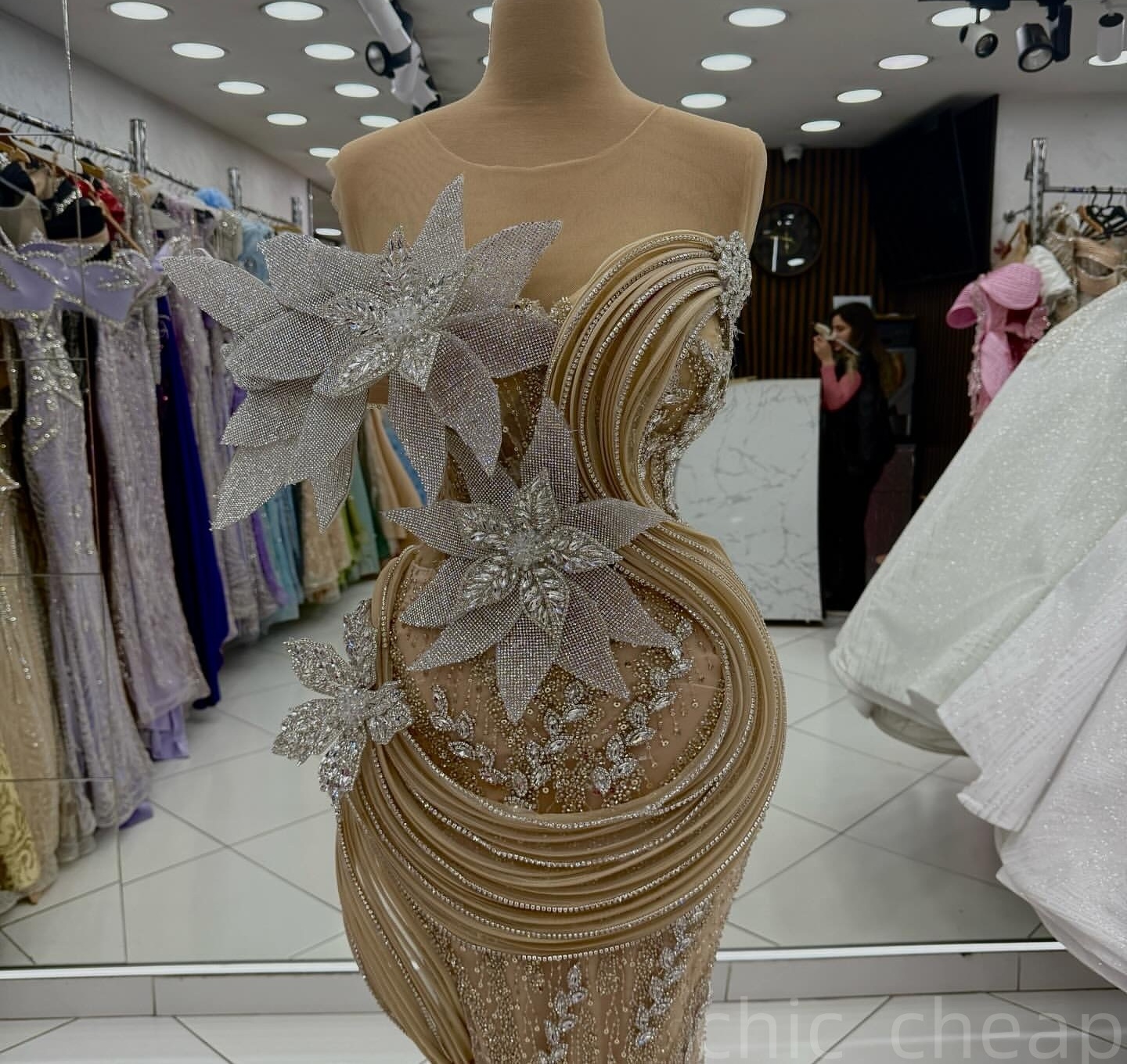 Champagne Mermaid Prom Dresses 2025 Flowers Crystals Sequined Lace Evening Formal Party Second Birthday Engagement Gowns Plus Size Dress For Special O