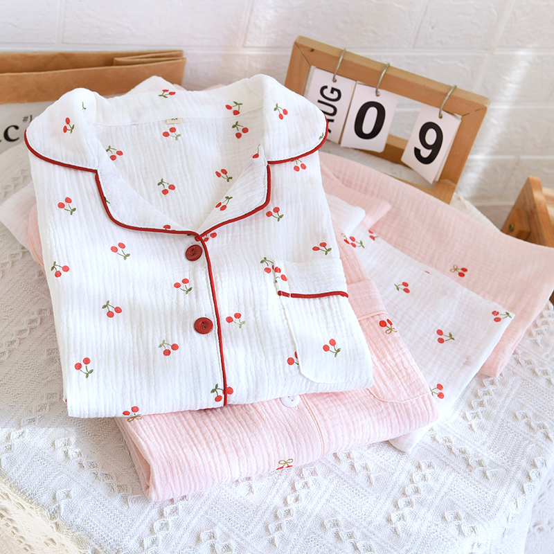 Factory direct sales of new spring and autumn styles of cherry bubble cotton pajamas for women, long sleeved pants, lapel cute home clothing sets