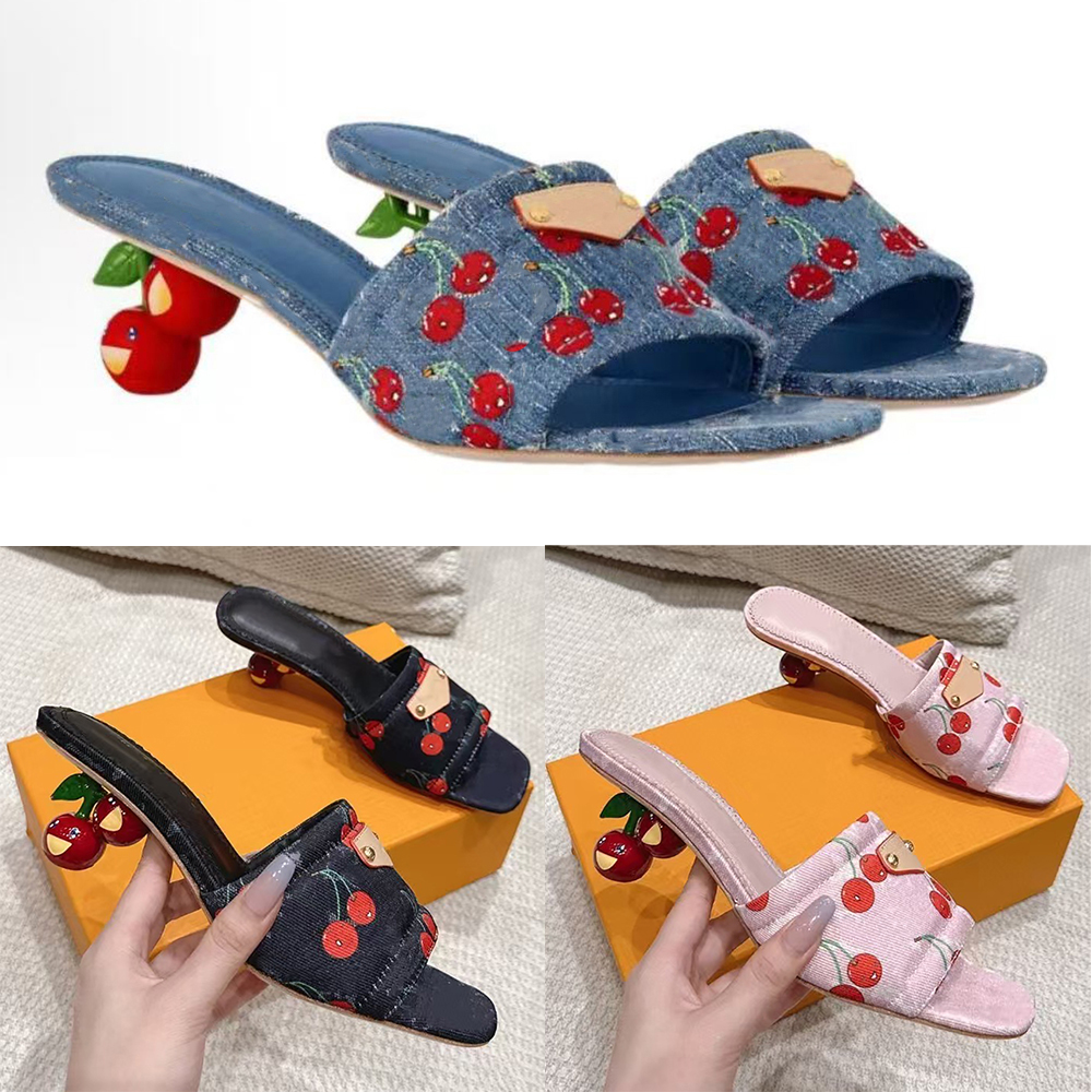 Fashion Women Sandal Revival Heel Designer Blue Denim Sandals Cherry Embroidered Printed Stiletto Leather Round Toe Cherry heel Summer Mule Sandal High quality